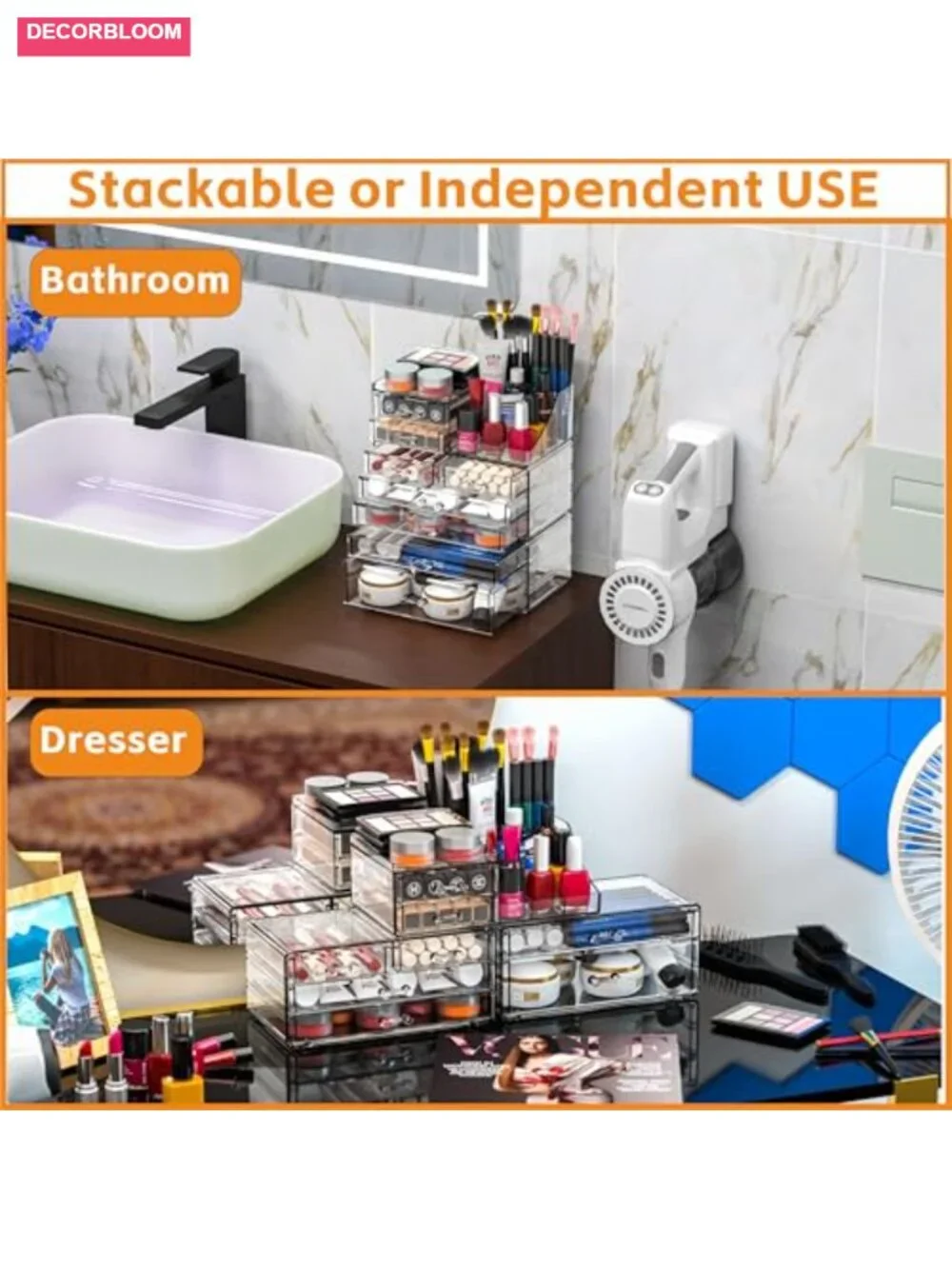 8-Drawer Acrylic Makeup Organizer with Stackable Storage for Vanity Desk